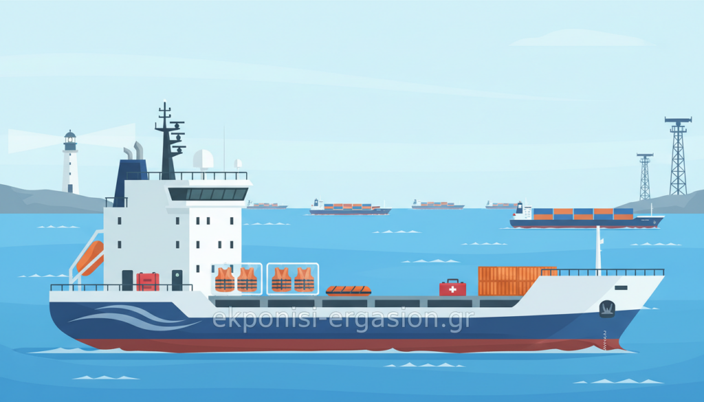 Create a professional and clean image that illustrates maritime safety, emphasizing the concept of "αςφάλεια ναυσιπλοΐας." In the foreground, depict a modern commercial vessel equipped with advanced safety systems, featuring life jackets and emergency equipment prominently displayed. The middle ground should show a calm sea with a clear blue sky, while including distant container ships to evoke the shipping industry. In the background, incorporate coastal lighthouses and surveillance systems, representing compliance with SOLAS regulations. Use soft, blue tones to convey a sense of trust and safety. Ensure the lighting is bright and natural, evoking a serene maritime atmosphere. The image should not contain any text or watermarks, focusing purely on the visual elements that reflect maritime safety practices. Brand name "ekponisi-ergasion.gr" subtly integrated into the scene. Create a professional and clean image that illustrates maritime safety, emphasizing the concept of "αςφάλεια ναυσιπλοΐας." In the foreground, depict a modern commercial vessel equipped with advanced safety systems, featuring life jackets and emergency equipment prominently displayed. The middle ground should show a calm sea with a clear blue sky, while including distant container ships to evoke the shipping industry. In the background, incorporate coastal lighthouses and surveillance systems, representing compliance with SOLAS regulations. Use soft, blue tones to convey a sense of trust and safety. Ensure the lighting is bright and natural, evoking a serene maritime atmosphere. The image should not contain any text or watermarks, focusing purely on the visual elements that reflect maritime safety practices. Brand name "ekponisi-ergasion.gr" subtly integrated into the scene.