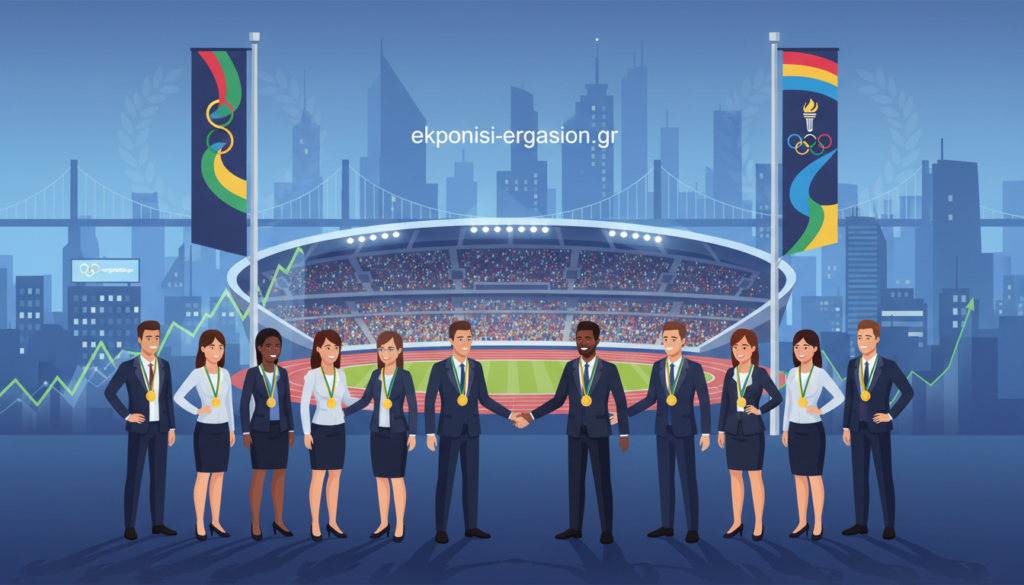 Create a professional and engaging illustration of the Olympic Games, showcasing a bustling cityscape harmoniously integrated with iconic Olympic symbols. In the foreground, include diverse athletes in business attire, standing confidently with medals, embodying achievement and teamwork. The middle ground features a modern Olympic stadium and vibrant banners, representing the energy and spirit of the Games. The background should depict a city skyline at dusk, illuminated with soft blue tones, reflecting a sense of opportunity and economic prosperity surrounding the events. Use dynamic lighting to create a hopeful and inspiring atmosphere, emphasizing the connection between the Games and the host city's economic impact. Ensure the composition remains clean and academic without any text, logos, or markings, and highlight the brand "ekponisi-ergasion.gr" subtly in the scene. Create a professional and engaging illustration of the Olympic Games, showcasing a bustling cityscape harmoniously integrated with iconic Olympic symbols. In the foreground, include diverse athletes in business attire, standing confidently with medals, embodying achievement and teamwork. The middle ground features a modern Olympic stadium and vibrant banners, representing the energy and spirit of the Games. The background should depict a city skyline at dusk, illuminated with soft blue tones, reflecting a sense of opportunity and economic prosperity surrounding the events. Use dynamic lighting to create a hopeful and inspiring atmosphere, emphasizing the connection between the Games and the host city's economic impact. Ensure the composition remains clean and academic without any text, logos, or markings, and highlight the brand "ekponisi-ergasion.gr" subtly in the scene.