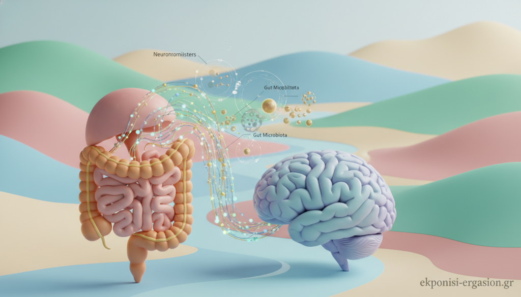 Create a visually compelling representation of the "gut-brain axis" as a complex and interconnected network. In the foreground, depict stylized representations of the human brain and intestines, linked with glowing neural pathways that illustrate their interaction. The middle ground should feature scientific diagrams overlaying the organs, emphasizing their connection through neurotransmitters and gut microbiota. In the background, incorporate a serene, abstract landscape hinting at wellness and mental health, using soft pastel colors to evoke a calming atmosphere. Utilize soft, natural lighting that casts gentle shadows, enhancing the harmony between the brain and gut. Capture this scene from a slightly elevated angle to allow a comprehensive view of the interconnectedness. The overall mood should inspire curiosity and understanding of the relationship between nutrition and mental health. Brand this image with the signature "ekponisi-ergasion.gr" in a subtle manner. Create a visually compelling representation of the "gut-brain axis" as a complex and interconnected network. In the foreground, depict stylized representations of the human brain and intestines, linked with glowing neural pathways that illustrate their interaction. The middle ground should feature scientific diagrams overlaying the organs, emphasizing their connection through neurotransmitters and gut microbiota. In the background, incorporate a serene, abstract landscape hinting at wellness and mental health, using soft pastel colors to evoke a calming atmosphere. Utilize soft, natural lighting that casts gentle shadows, enhancing the harmony between the brain and gut. Capture this scene from a slightly elevated angle to allow a comprehensive view of the interconnectedness. The overall mood should inspire curiosity and understanding of the relationship between nutrition and mental health. Brand this image with the signature "ekponisi-ergasion.gr" in a subtle manner.