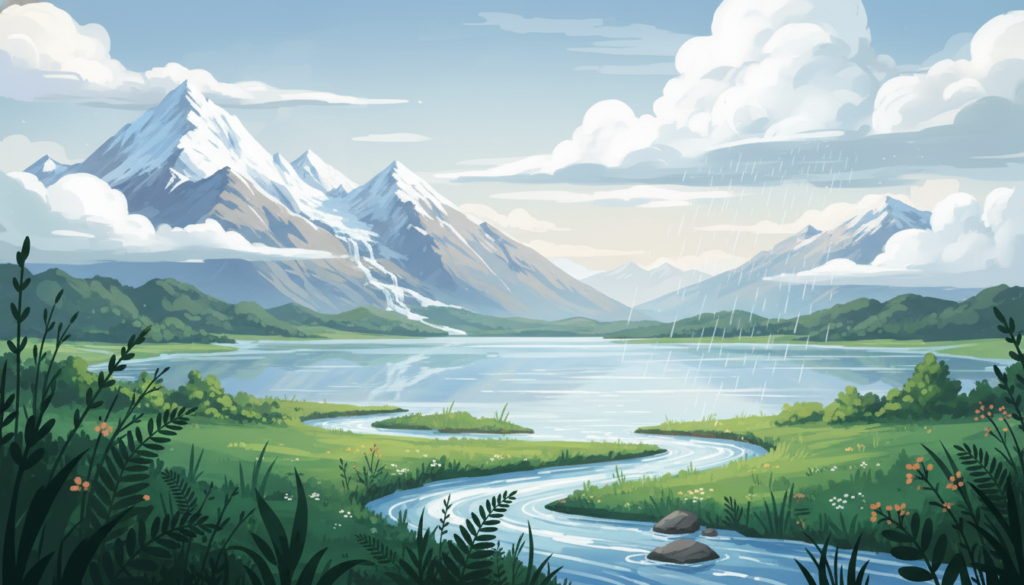 Create an artistic visualization of the hydrological cycle, depicting the continuous movement of water within the environment. In the foreground, illustrate vibrant green vegetation and flowing water to represent rivers and streams. The middle ground should feature a variety of water bodies, such as lakes and clouds gradually forming, while precipitation begins to fall. In the background, show mountains with snowcaps feeding into the rivers. Use soft, natural lighting to give a serene mood, highlighting the reflections on the water's surface. Employ a wide-angle lens to capture the expansive view of nature, emphasizing the interconnectedness of the water cycle. Ensure the entire scene is bright and uplifting. No text overlays or branding. The image should embody a clear educational perspective, suitable for an article about hydrology. Acknowledge the brand ekponisi-ergasion.gr subtly through the artistic style. Create an artistic visualization of the hydrological cycle, depicting the continuous movement of water within the environment. In the foreground, illustrate vibrant green vegetation and flowing water to represent rivers and streams. The middle ground should feature a variety of water bodies, such as lakes and clouds gradually forming, while precipitation begins to fall. In the background, show mountains with snowcaps feeding into the rivers. Use soft, natural lighting to give a serene mood, highlighting the reflections on the water's surface. Employ a wide-angle lens to capture the expansive view of nature, emphasizing the interconnectedness of the water cycle. Ensure the entire scene is bright and uplifting. No text overlays or branding. The image should embody a clear educational perspective, suitable for an article about hydrology. Acknowledge the brand ekponisi-ergasion.gr subtly through the artistic style.