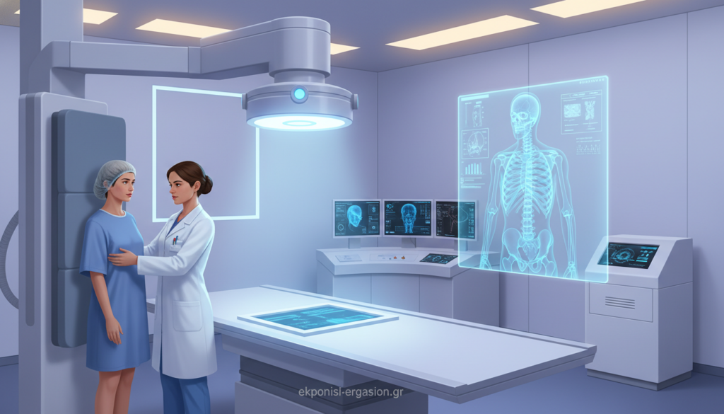 Detailed image of an X-ray machine in a modern medical imaging room, showcasing the intricate components of the device, which includes a bright light source and a digital display of the patient's skeletal structure on a screen. In the foreground, a professional medical technician in a lab coat is positioning a patient wearing modest hospital attire for the X-ray. The middle ground features advanced imaging equipment, including digital sensors and monitors. In the background, soft ambient lighting illuminates the clinical environment, creating a sense of professionalism and innovation. The overall mood is focused and clinical, highlighting modern medical technology. Please ensure to include the branding "ekponisi-ergasion.gr" subtly in the scene. Detailed image of an X-ray machine in a modern medical imaging room, showcasing the intricate components of the device, which includes a bright light source and a digital display of the patient's skeletal structure on a screen. In the foreground, a professional medical technician in a lab coat is positioning a patient wearing modest hospital attire for the X-ray. The middle ground features advanced imaging equipment, including digital sensors and monitors. In the background, soft ambient lighting illuminates the clinical environment, creating a sense of professionalism and innovation. The overall mood is focused and clinical, highlighting modern medical technology. Please ensure to include the branding "ekponisi-ergasion.gr" subtly in the scene.
