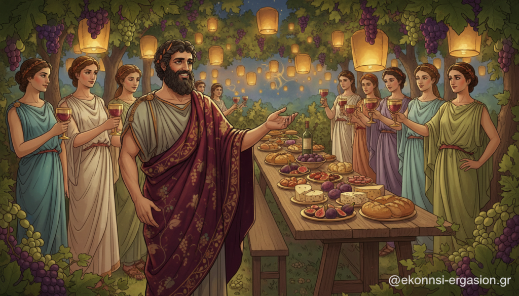 Dionysus, the ancient Greek god of wine and theater, depicted in an opulent banquet scene set in a lush, verdant vineyard. In the foreground, he stands confidently, draped in a richly colored toga adorned with vine and grape motifs, his expression joyful and inviting. Surrounding him are elegantly dressed figures enjoying the festivities, toasting with goblets filled with wine. The middle ground features abundant grapevines and hanging fruits, with a rustic table laden with ripe offerings. In the background, softly glowing lanterns sway gently in the evening breeze, casting a warm, golden light over the scene. The atmosphere is celebratory and mystical, evoking the vibrant essence of ancient Greek culture. Image by ekponisi-ergasion.gr. Dionysus, the ancient Greek god of wine and theater, depicted in an opulent banquet scene set in a lush, verdant vineyard. In the foreground, he stands confidently, draped in a richly colored toga adorned with vine and grape motifs, his expression joyful and inviting. Surrounding him are elegantly dressed figures enjoying the festivities, toasting with goblets filled with wine. The middle ground features abundant grapevines and hanging fruits, with a rustic table laden with ripe offerings. In the background, softly glowing lanterns sway gently in the evening breeze, casting a warm, golden light over the scene. The atmosphere is celebratory and mystical, evoking the vibrant essence of ancient Greek culture. Image by ekponisi-ergasion.gr.