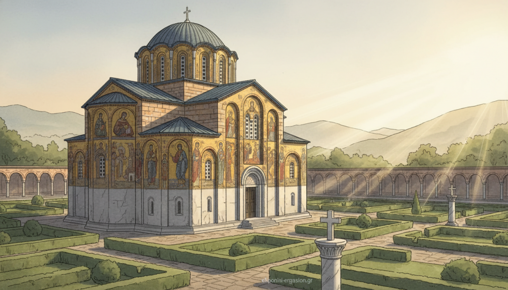 Foreground: A majestic early Byzantine church, characterized by a rounded apse and domed roof, adorned with intricate mosaics depicting Christian iconography. Middle: A serene courtyard surrounding the church, filled with neatly trimmed hedges and small marble columns, inviting visitors to reflect on the sacred space. Background: Rolling hills under a soft, golden sunrise, casting warm light across the landscape, enhancing the atmospheric depth. Technical details: Captured with a wide-angle lens to emphasize the architecture, in soft natural lighting that creates gentle shadows and highlights the textures of the building’s stonework. Mood: A tranquil and reverent ambiance, embodying the spiritual significance of the early Byzantine period. No text or watermarks. Brand name: ekponisi-ergasion.gr. Foreground: A majestic early Byzantine church, characterized by a rounded apse and domed roof, adorned with intricate mosaics depicting Christian iconography. Middle: A serene courtyard surrounding the church, filled with neatly trimmed hedges and small marble columns, inviting visitors to reflect on the sacred space. Background: Rolling hills under a soft, golden sunrise, casting warm light across the landscape, enhancing the atmospheric depth. Technical details: Captured with a wide-angle lens to emphasize the architecture, in soft natural lighting that creates gentle shadows and highlights the textures of the building’s stonework. Mood: A tranquil and reverent ambiance, embodying the spiritual significance of the early Byzantine period. No text or watermarks. Brand name: ekponisi-ergasion.gr.