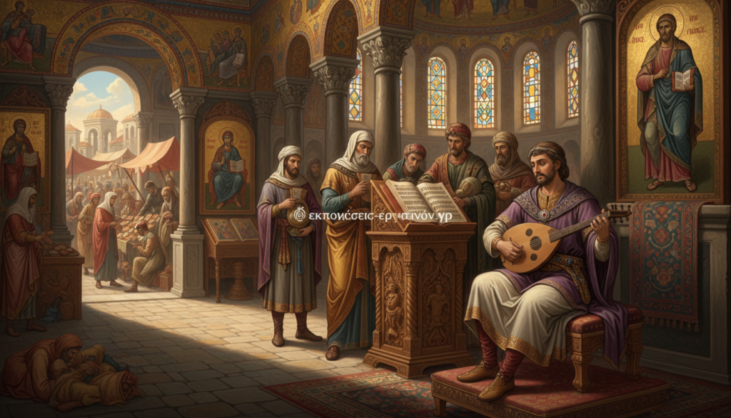 In a richly detailed historical setting, showcase a medieval Byzantine musician in the foreground, playing a traditional lyra, clad in authentic Byzantine attire. The middle ground features a group of musicians gathered around an ornate lectern adorned with ancient manuscripts and musical notations, surrounded by a lush depiction of a Byzantine church interior, complete with intricate mosaics and golden icons. The background captures the essence of a bustling Byzantine marketplace, filled with various characters dressed in period-appropriate clothing, illustrating the cultural vibrancy of the era. Soft, warm lighting filters through the church windows, creating an ethereal glow. The atmosphere is filled with a sense of reverence and nostalgia, reflecting the historical evolution of Byzantine music. The brand "ekponisi-ergasion.gr" subtly integrated into the design without any text overlays. In a richly detailed historical setting, showcase a medieval Byzantine musician in the foreground, playing a traditional lyra, clad in authentic Byzantine attire. The middle ground features a group of musicians gathered around an ornate lectern adorned with ancient manuscripts and musical notations, surrounded by a lush depiction of a Byzantine church interior, complete with intricate mosaics and golden icons. The background captures the essence of a bustling Byzantine marketplace, filled with various characters dressed in period-appropriate clothing, illustrating the cultural vibrancy of the era. Soft, warm lighting filters through the church windows, creating an ethereal glow. The atmosphere is filled with a sense of reverence and nostalgia, reflecting the historical evolution of Byzantine music. The brand "ekponisi-ergasion.gr" subtly integrated into the design without any text overlays.