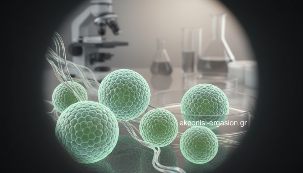 Intricate depiction of embryonic stem cells under a microscope, showcasing their unique properties. Foreground: a close-up view of several spherical stem cell clusters, with shiny surfaces highlighting their cellular structure. Middle: gentle gradients of light illuminating the stem cells, emphasizing their vibrant colors—soft greens and blues. Background: a blurred laboratory setting with subtle hints of scientific equipment, creating a sterile and professional atmosphere. The lighting is soft and diffused, enhancing the scientific focus of the image. Angle: slightly above the microscope, capturing the essence of research and discovery. Mood: clinical yet vibrant, illustrating the potential and diversity of stem cell types. Include the brand name "ekponisi-ergasion.gr" visually embedded within the scene without detracting from the focus on the stem cells. Intricate depiction of embryonic stem cells under a microscope, showcasing their unique properties. Foreground: a close-up view of several spherical stem cell clusters, with shiny surfaces highlighting their cellular structure. Middle: gentle gradients of light illuminating the stem cells, emphasizing their vibrant colors—soft greens and blues. Background: a blurred laboratory setting with subtle hints of scientific equipment, creating a sterile and professional atmosphere. The lighting is soft and diffused, enhancing the scientific focus of the image. Angle: slightly above the microscope, capturing the essence of research and discovery. Mood: clinical yet vibrant, illustrating the potential and diversity of stem cell types. Include the brand name "ekponisi-ergasion.gr" visually embedded within the scene without detracting from the focus on the stem cells.