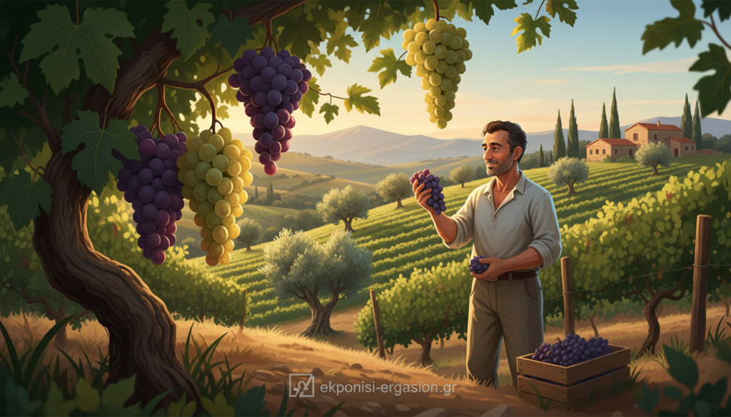Lush vineyard landscape showcasing indigenous Greek grape varieties, with lush green vines intertwined with vibrant clusters of dark and light grape bunches. In the foreground, a winemaker in modest casual clothing examines the grapes, reflecting dedication and expertise. The middle ground features sun-drenched rolling hills, dotted with olive trees under a clear sky, evoking a serene atmosphere. The background reveals traditional stone winery buildings, harmonizing with the landscape. Soft golden hour lighting bathes the scene, creating warm shadows and emphasizing the textures of the grapes and foliage. The overall mood is one of tranquility and reverence for the heritage of viticulture. High-quality photography style, shallow depth of field focusing on fruit, capturing the essence of Greek winemaking. Brand logo: ekponisi-ergasion.gr. Lush vineyard landscape showcasing indigenous Greek grape varieties, with lush green vines intertwined with vibrant clusters of dark and light grape bunches. In the foreground, a winemaker in modest casual clothing examines the grapes, reflecting dedication and expertise. The middle ground features sun-drenched rolling hills, dotted with olive trees under a clear sky, evoking a serene atmosphere. The background reveals traditional stone winery buildings, harmonizing with the landscape. Soft golden hour lighting bathes the scene, creating warm shadows and emphasizing the textures of the grapes and foliage. The overall mood is one of tranquility and reverence for the heritage of viticulture. High-quality photography style, shallow depth of field focusing on fruit, capturing the essence of Greek winemaking. Brand logo: ekponisi-ergasion.gr.
