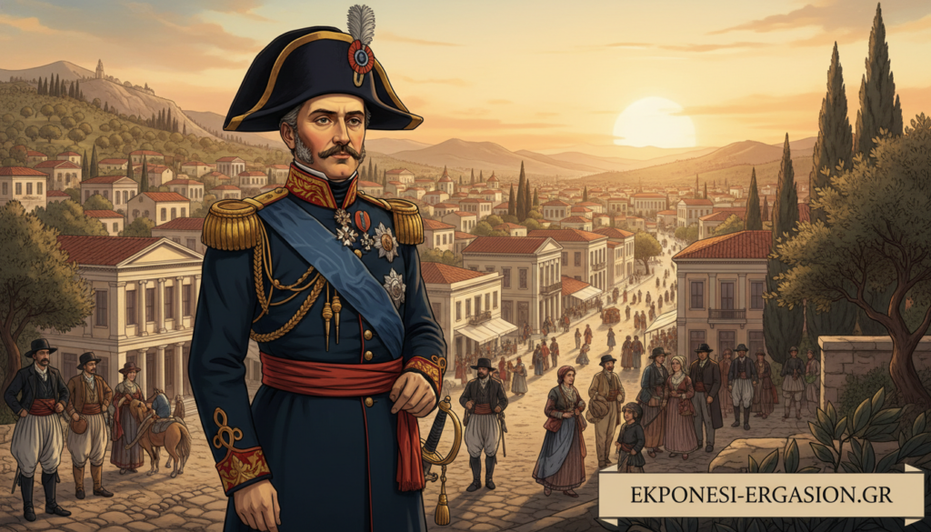 Portrait of Ioannis Kapodistrias, the first Governor of Greece, depicted in a dignified and formal manner. He stands at the forefront, dressed in an elegant, historical Greek military uniform, featuring intricate detailing and gold embellishments. His expression is thoughtful and resolute, reflecting his leadership during a pivotal time in Greek history. In the middle ground, an old Greek cityscape unfolds, showcasing neoclassical architecture and vibrant streets bustling with citizens in traditional attire, representing the era of local governance reform. The background features rolling hills and olive trees, illustrating the beauty of the Greek landscape under a warm, golden sunset. Soft, ambient lighting enhances the mood, casting gentle shadows while emphasizing the deep sense of history and evolution. This image is suitable for an article on local governance in Greece. ekponisi-ergasion.gr Portrait of Ioannis Kapodistrias, the first Governor of Greece, depicted in a dignified and formal manner. He stands at the forefront, dressed in an elegant, historical Greek military uniform, featuring intricate detailing and gold embellishments. His expression is thoughtful and resolute, reflecting his leadership during a pivotal time in Greek history. In the middle ground, an old Greek cityscape unfolds, showcasing neoclassical architecture and vibrant streets bustling with citizens in traditional attire, representing the era of local governance reform. The background features rolling hills and olive trees, illustrating the beauty of the Greek landscape under a warm, golden sunset. Soft, ambient lighting enhances the mood, casting gentle shadows while emphasizing the deep sense of history and evolution. This image is suitable for an article on local governance in Greece. ekponisi-ergasion.gr