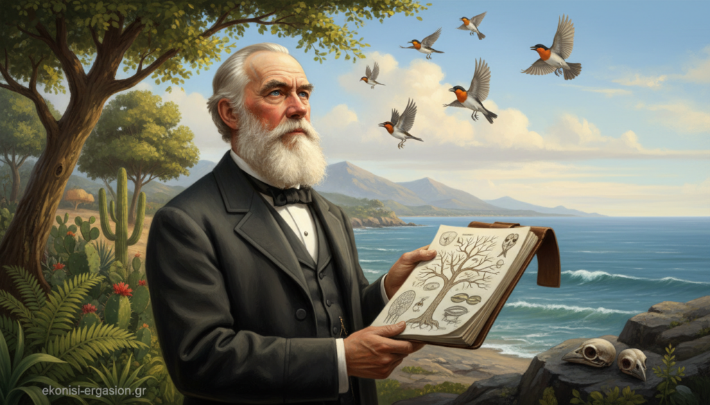 Δαρβίνος, depicted as a thoughtful Victorian-era scientist with a distinguished beard, wearing a formal suit and holding a sketchbook filled with evolutionary diagrams. In the foreground, he stands on a rocky shore observing a flock of finches in mid-flight, symbolizing natural selection. The middle ground features lush, diverse vegetation showcasing various ecosystems. In the background, a tranquil ocean waves gently beneath a clear blue sky, with a hint of distant mountains. Soft, warm sunlight filters through the trees, casting dappled shadows and creating a serene, contemplative atmosphere. The image must be detailed and realistic, capturing the essence of evolution and discovery. No text overlays or watermarks, by ekponisi-ergasion.gr. Δαρβίνος, depicted as a thoughtful Victorian-era scientist with a distinguished beard, wearing a formal suit and holding a sketchbook filled with evolutionary diagrams. In the foreground, he stands on a rocky shore observing a flock of finches in mid-flight, symbolizing natural selection. The middle ground features lush, diverse vegetation showcasing various ecosystems. In the background, a tranquil ocean waves gently beneath a clear blue sky, with a hint of distant mountains. Soft, warm sunlight filters through the trees, casting dappled shadows and creating a serene, contemplative atmosphere. The image must be detailed and realistic, capturing the essence of evolution and discovery. No text overlays or watermarks, by ekponisi-ergasion.gr.